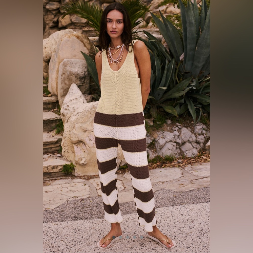 Striped Knit Jumpsuit in Cream and Brown